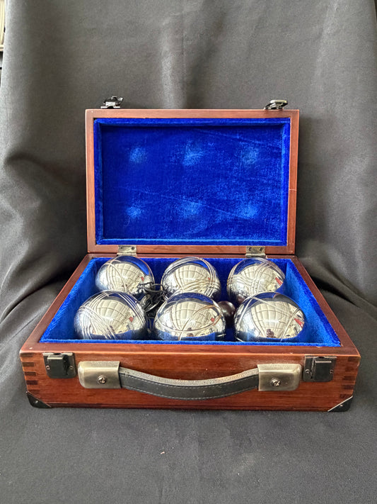Vintage Pier One Pétanque Set — 6 Chrome Ball Set & Wooden Box