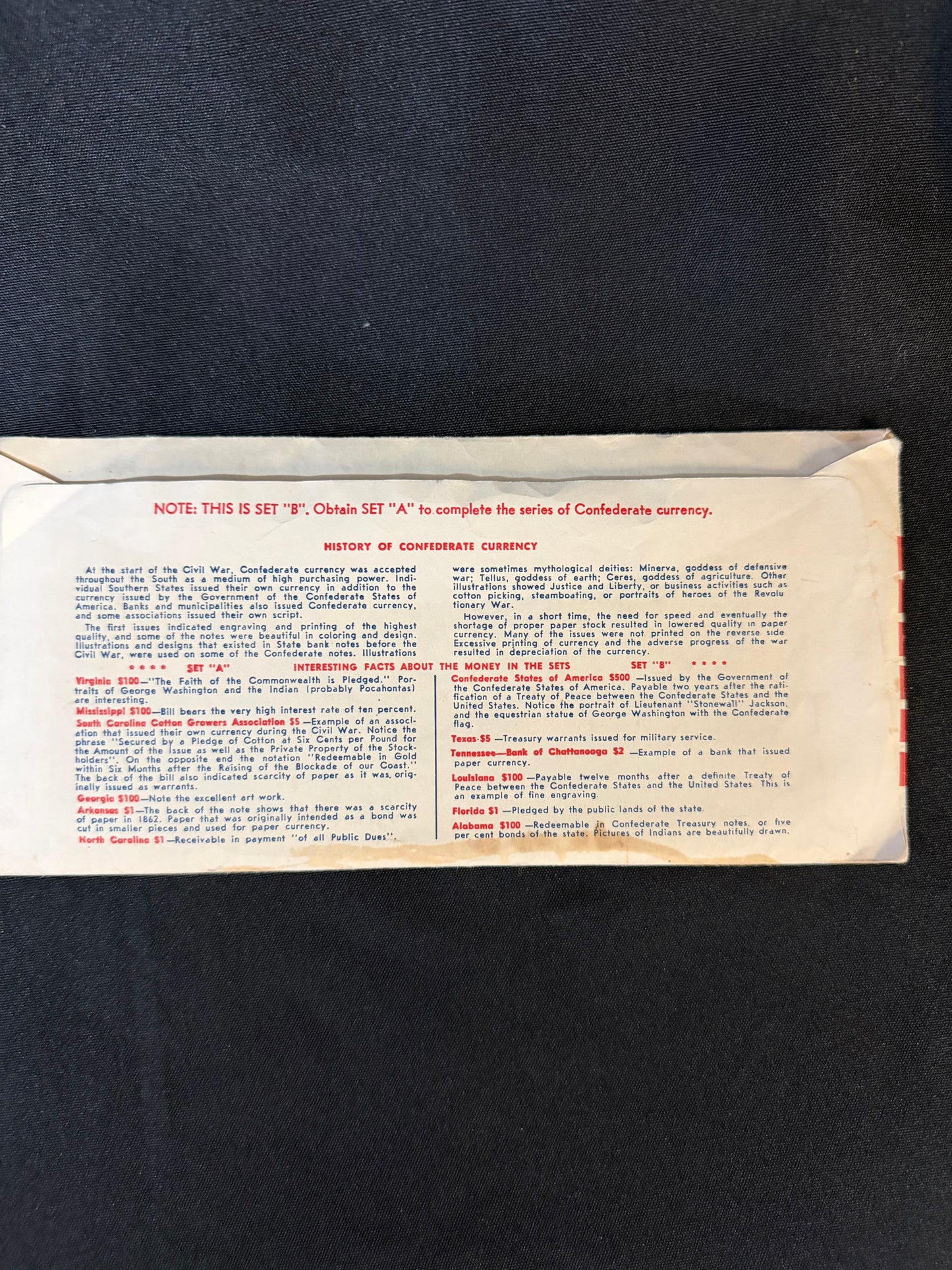 Vintage Antiqued Reproductions Confederate Currency Bills Set B