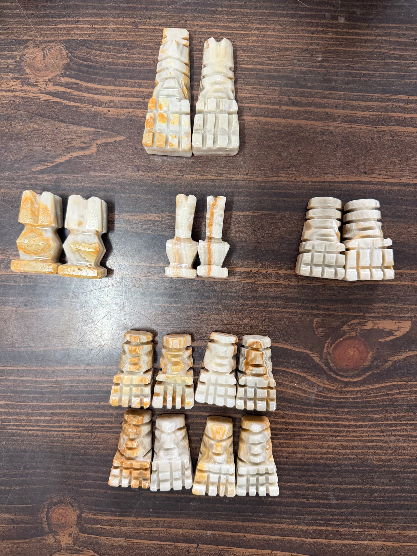Vintage Mexican Marble & Onyx Hand-Carved Aztec Chess Set — White & Brown