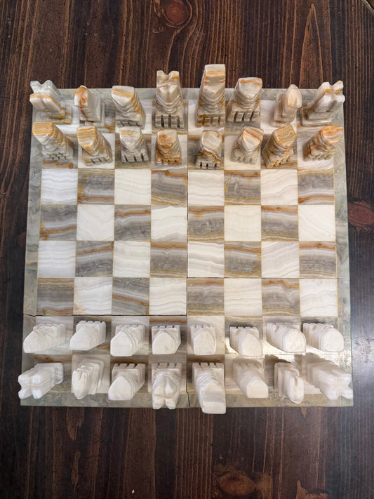 Vintage Mexican Marble & Onyx Hand-Carved Aztec Chess Set — White & Brown